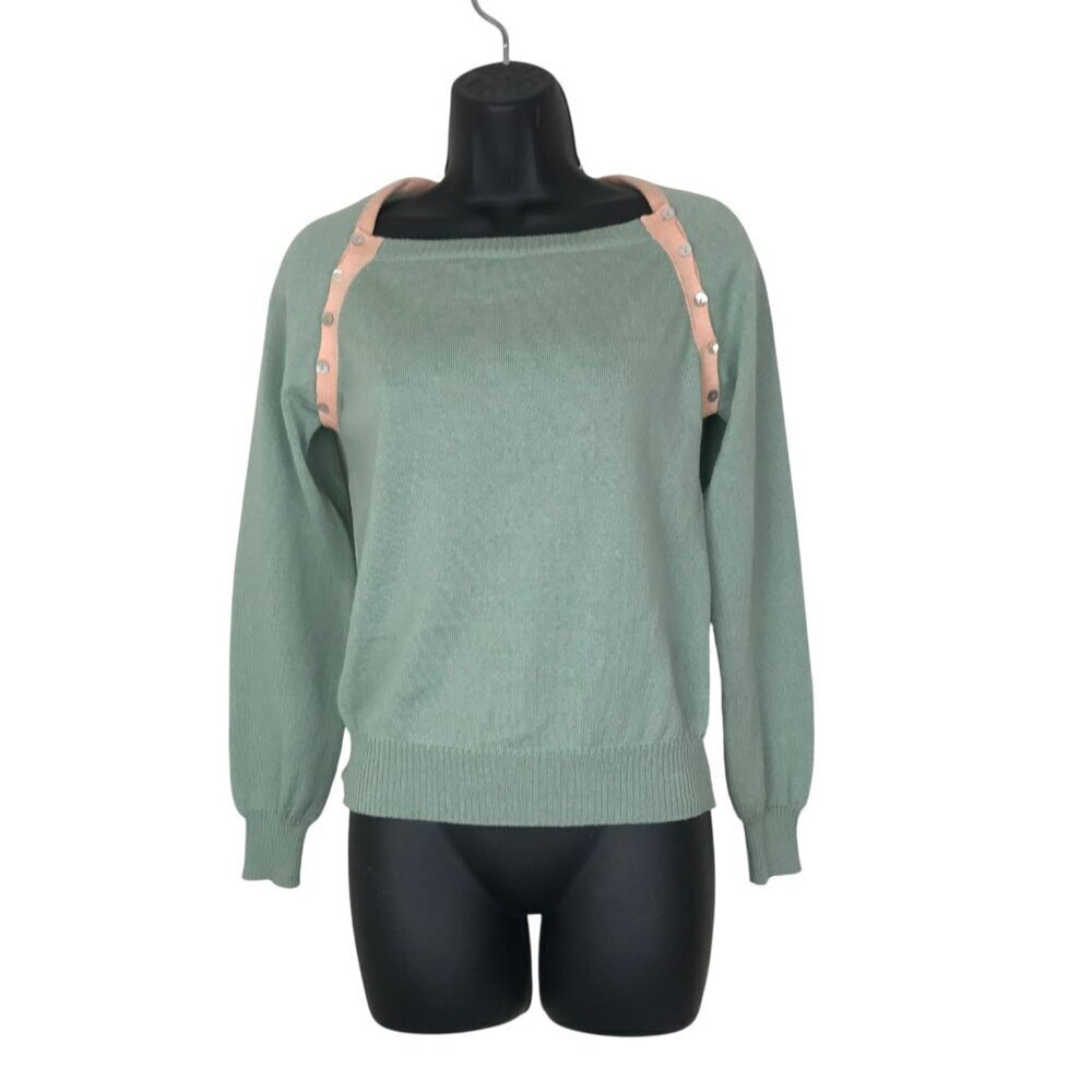 Paul & Joe Light Weight 100% Wool  Boat Neck Sweater Green & Peach Size 2
